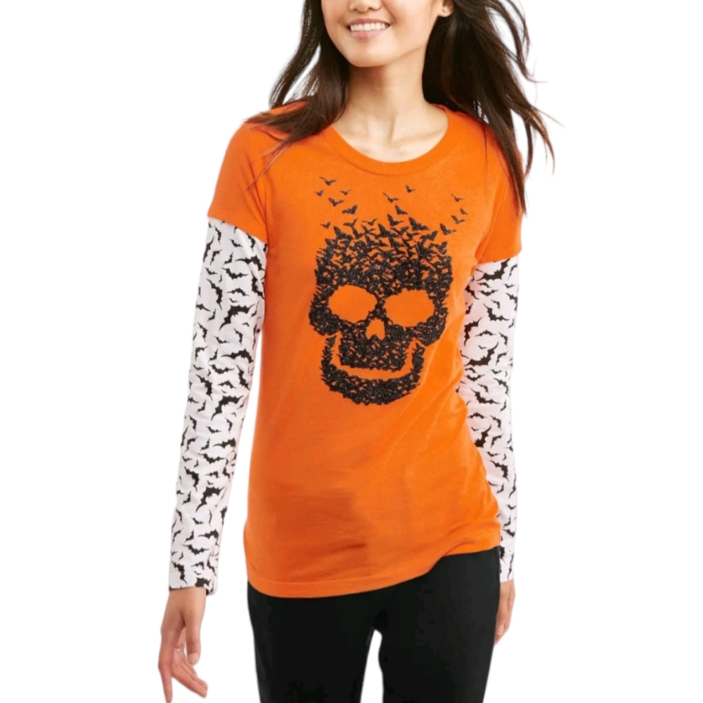 Pumpkin Skeleton made of shiny bats Halloween Tee Size Large (11-13) Jun…